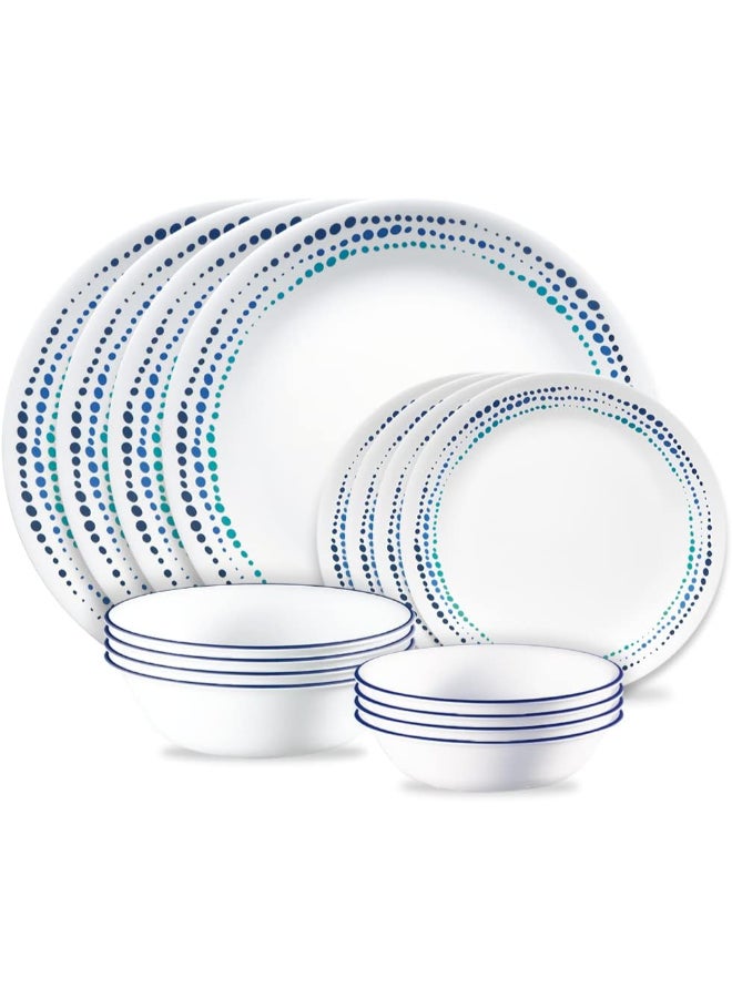 Corelle Ocean Blues 16-Piece Dinnerware Set, Vitrelle Glass, Chip & Break Resistant, Lightweight & Stackable, Dishwasher & Microwave Safe, Service for 4, Includes 4 x Dinner Plates, 4 x Bread & Butter Plates, 4 x 10 oz Soup Bowls & 4 x 18 oz Cereal Bowls - Image 1